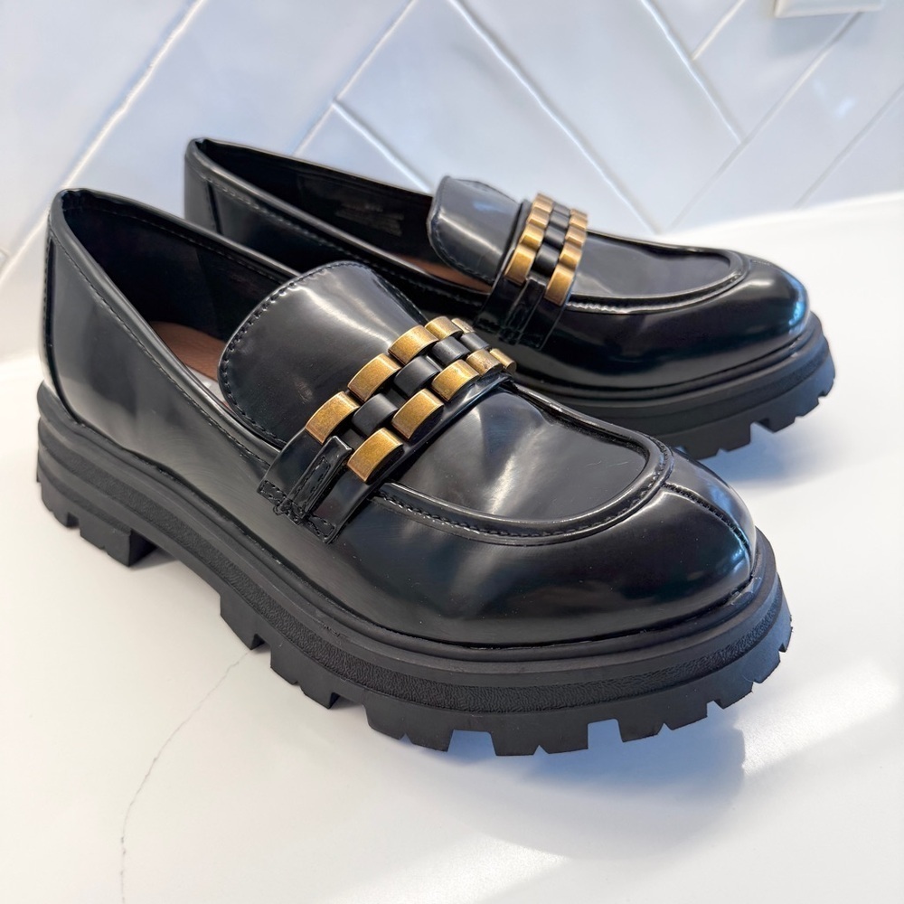 MIA Gabina Women's Black Chunky Chain Lug Loafers Size 8.5 Casual Flats Slip On